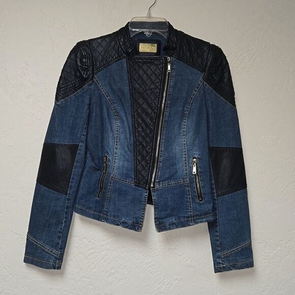 PAPARAZZI BY BIZ JEAN JACKET WITH BLACK FAUX LEATHER TRIM, SIZE MEDIUM - Picture 2 of 13